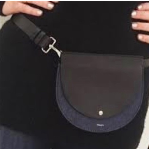 Theory black leather and denim hip pouch with silver hardware & adjustable strap - Picture 2 of 16